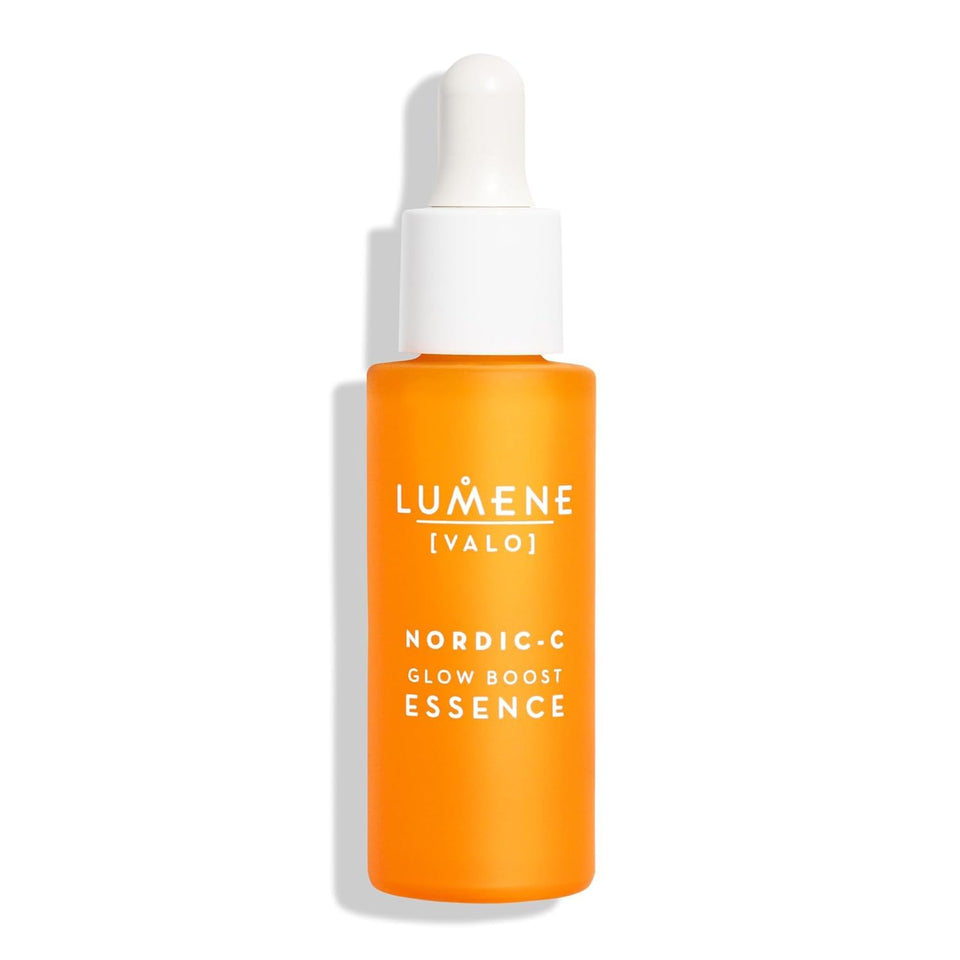 Lumene Nordic-C Valo Glow Boost Serum bottle ready for radiant, hydrated skin.