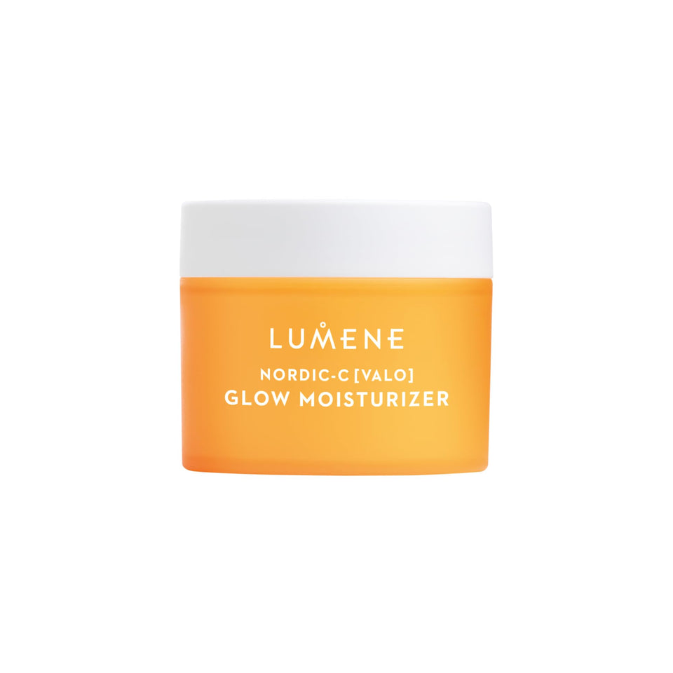 Lumene Nordic-C Valo Glow bottle closeup highlighting radiant hydration.