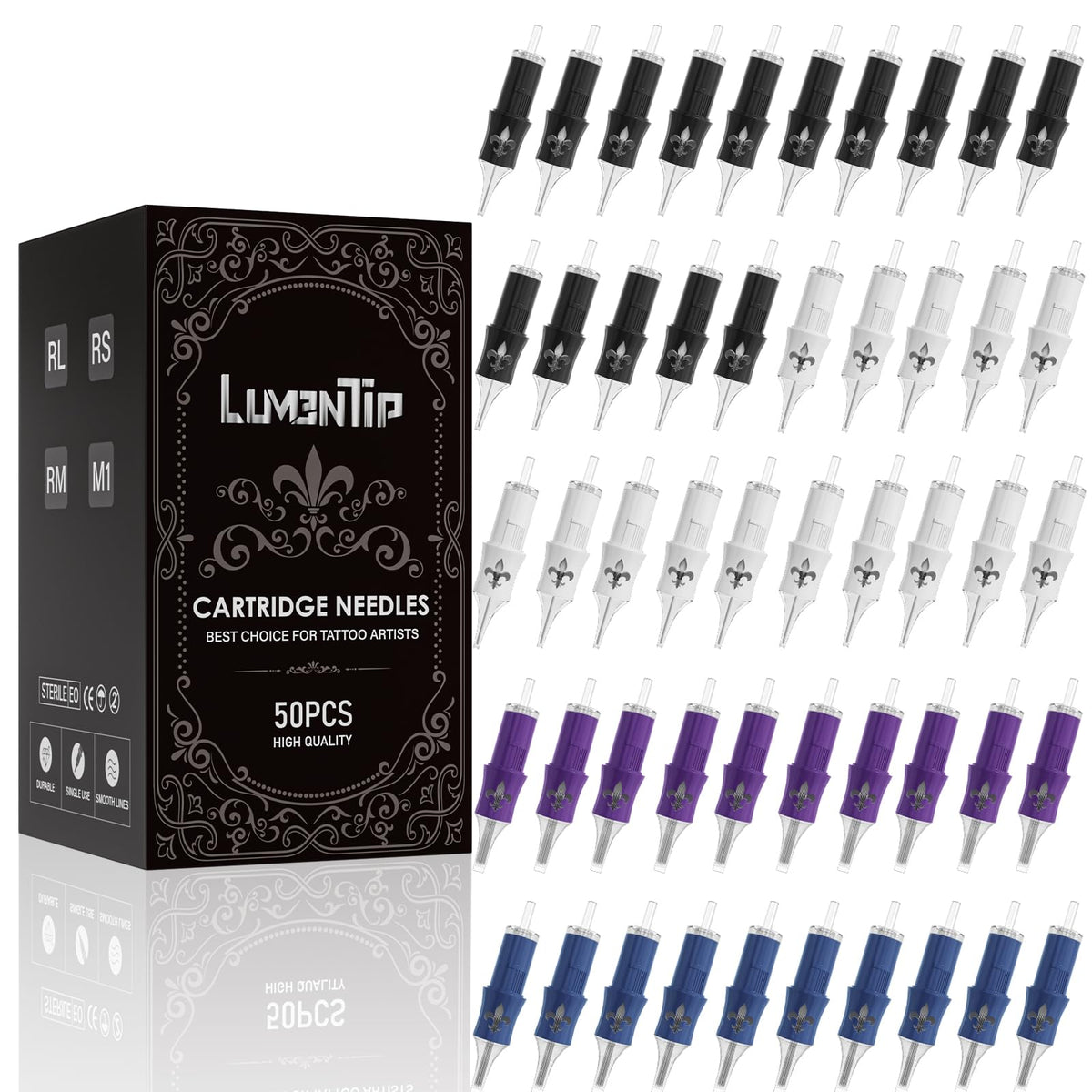 LumenTip 50PCS tattoo needle cartridge set with clear housing for precise visibility during sessions