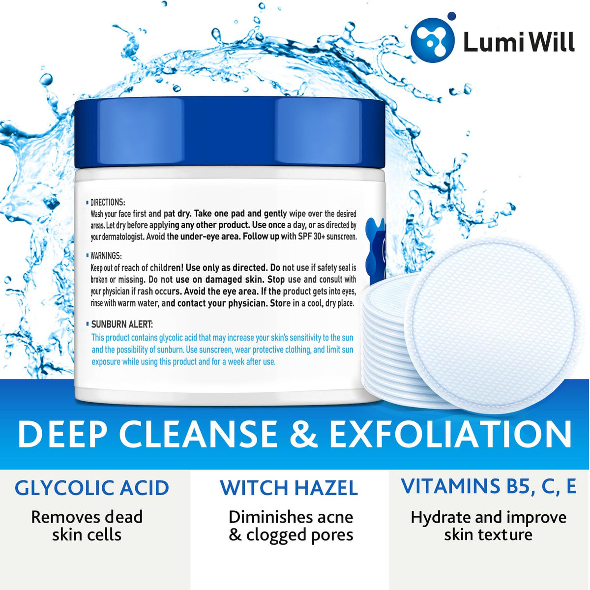 LUMI WILL Glycolic Pads in-use shot on the face for a calm routine.