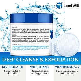 LUMI WILL Glycolic Pads in-use shot on the face for a calm routine.