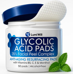 LUMI WILL Glycolic Pads 35-percent package showcases exfoliation for a brighter, smoother complexion.