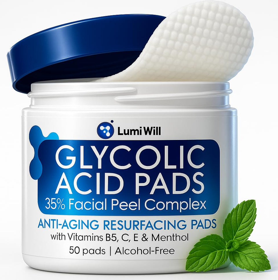 LUMI WILL Glycolic Pads 35-percent package showcases exfoliation for a brighter, smoother complexion.