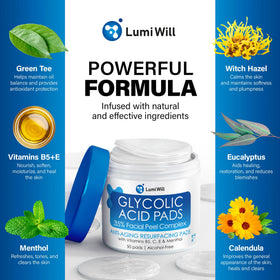 LUMI WILL Glycolic Pads close-up of the textured pad for gentle exfoliation.