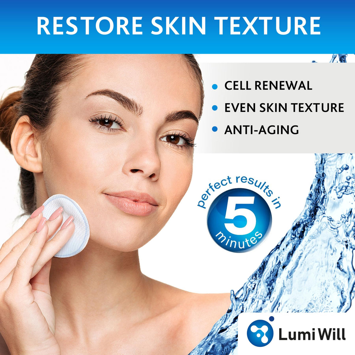 LUMI WILL Glycolic Pads texture close-up suggesting even tone and refined pores.