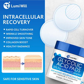 LUMI WILL Glycolic Pads witch hazel and calendula components shown for soothing feel.