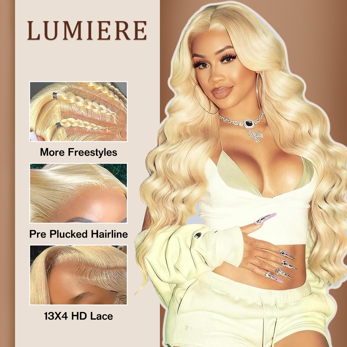 LUMIERE 28 inch blonde body wave wig adds dramatic length and movement.