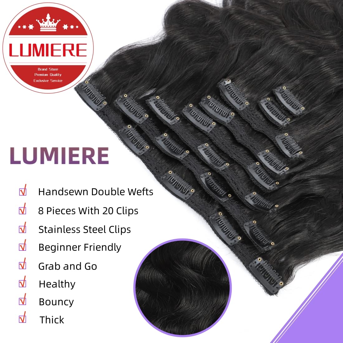 LUMIERE body-wave clip-ins offering versatile lengths from 8 to 26 inches.