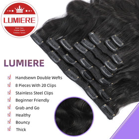 LUMIERE body-wave clip-ins offering versatile lengths from 8 to 26 inches.