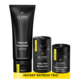 Lumin Burnout Buster Trio packaging shows the three-step routine for daily use.