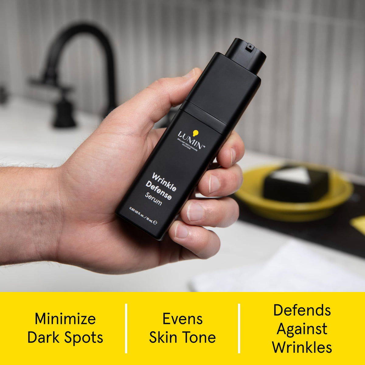 Close-up of Lumin Wrinkle Defense Serum bottle in morning routine
