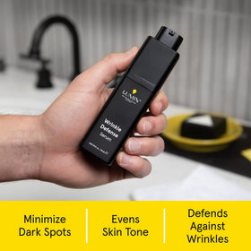 Close-up of Lumin Wrinkle Defense Serum bottle in morning routine