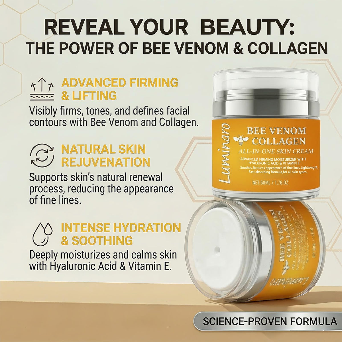 Luminaro bee venom cream texture close-up highlighting a silky, non-greasy feel.