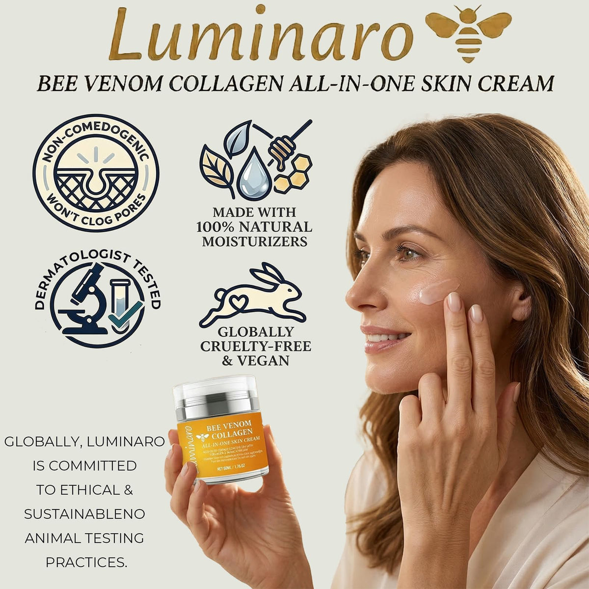 Luminaro hyaluronic acid and collagen peptides highlight deep hydration and plumpness.