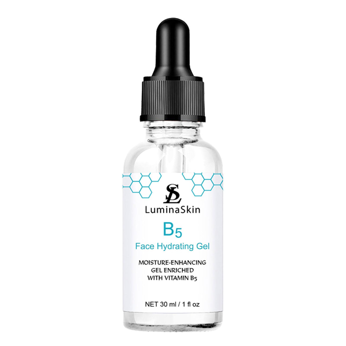 LuminaSkin Hydrating B5 Gel bottle closeup highlighting moisture-boosting formula