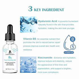 LuminaSkin Hydrating B5 Gel label front features key ingredients for nourishment