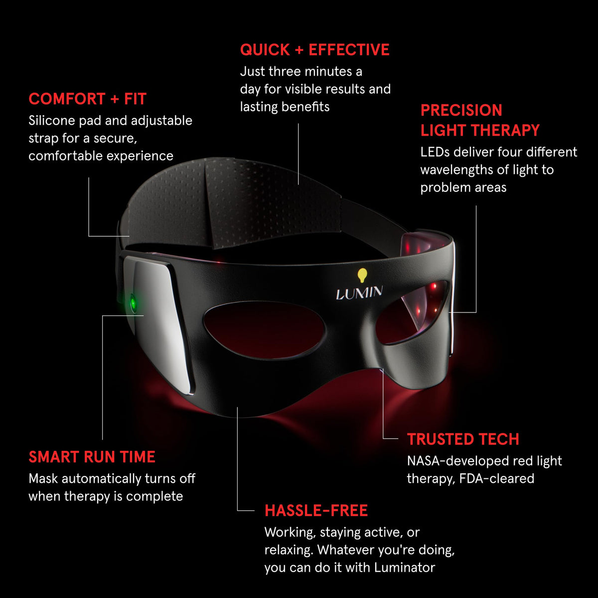 Luminator LED Eye Mask close-up shows padding and cheekbone fit for comfort