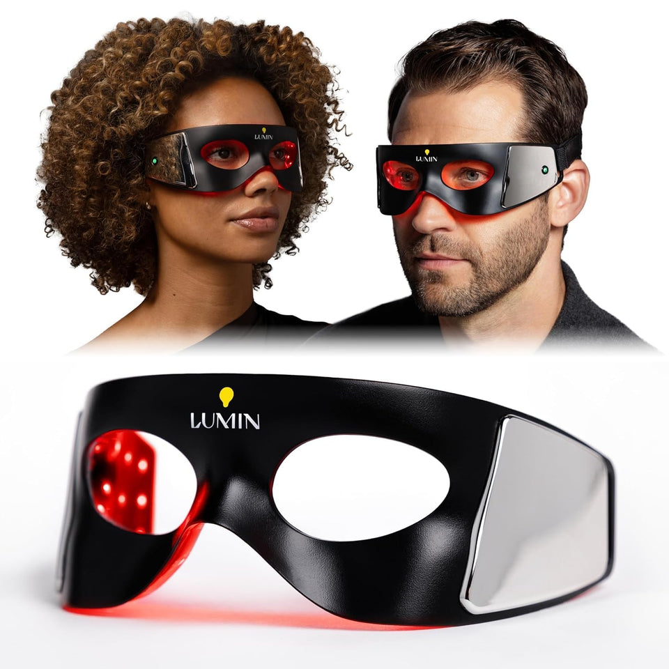 Luminator LED Eye Mask worn in a comfortable wearable design for a quick rejuvenating session