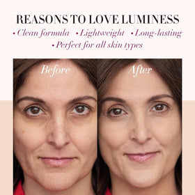 Luminess foundation mist application illustrates seamless blending for a flawless complexion.