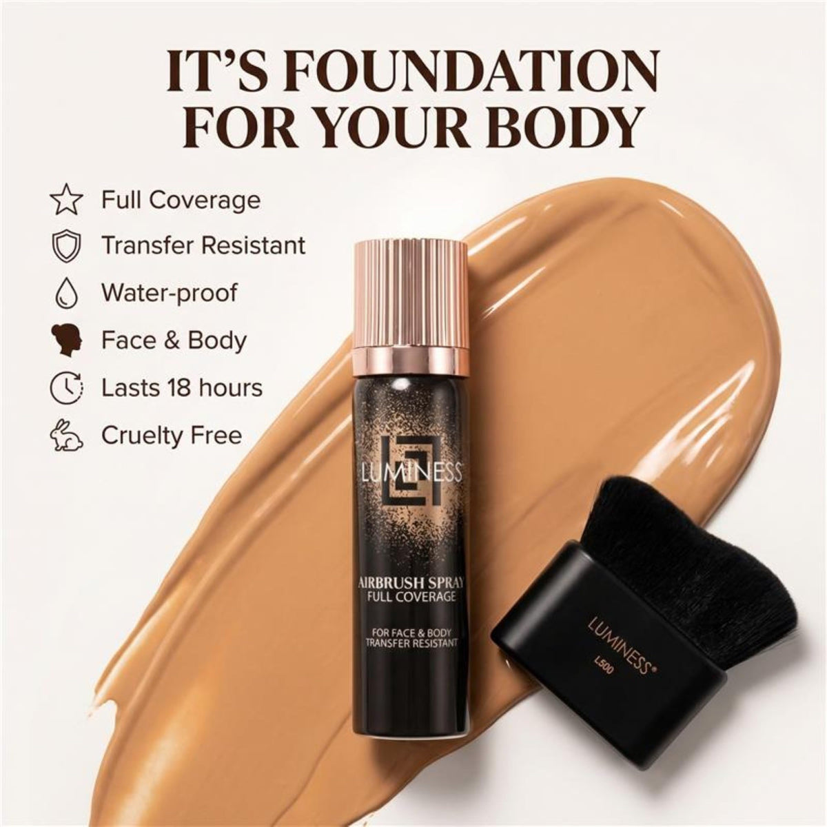 LUMINESS Kabuki brush included for precise, customizable body makeup application.