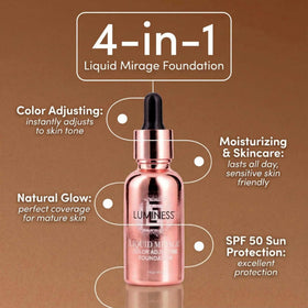 LUMINESS Liquid Mirage foundation drop demonstrates color adaptation during blending.