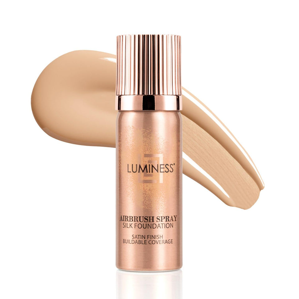 Luminess Silk airbrush spray bottle showing buildable coverage for radiant skin.