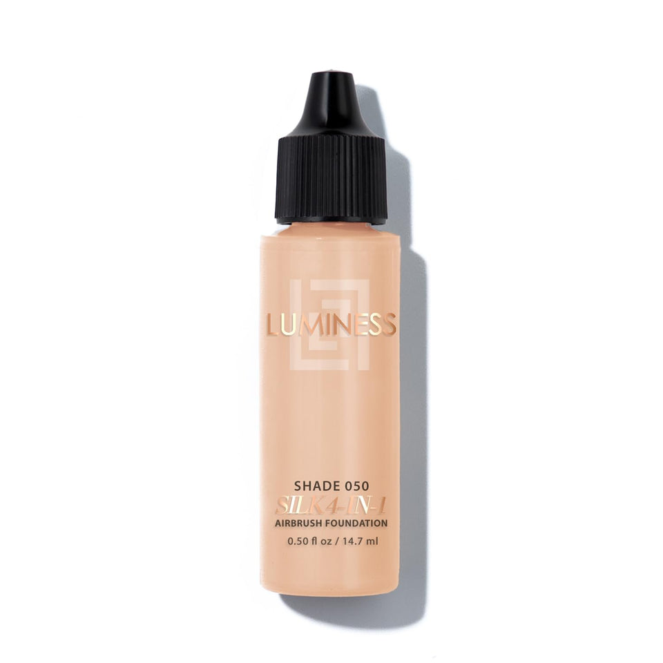 Luminess Silk4-In-1 airbrush foundation bottle 050 showing hydrated, smooth skin potential.