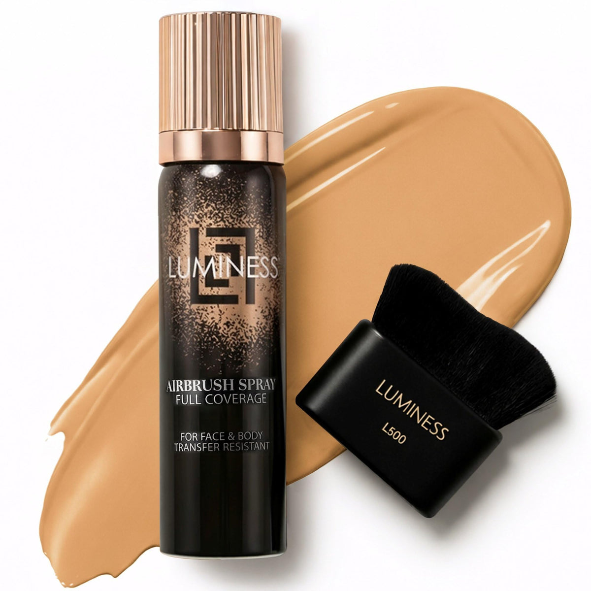 LUMINESS Transfer Resistant Airbrush Body Coverage bottle shows silky, seamless finish.