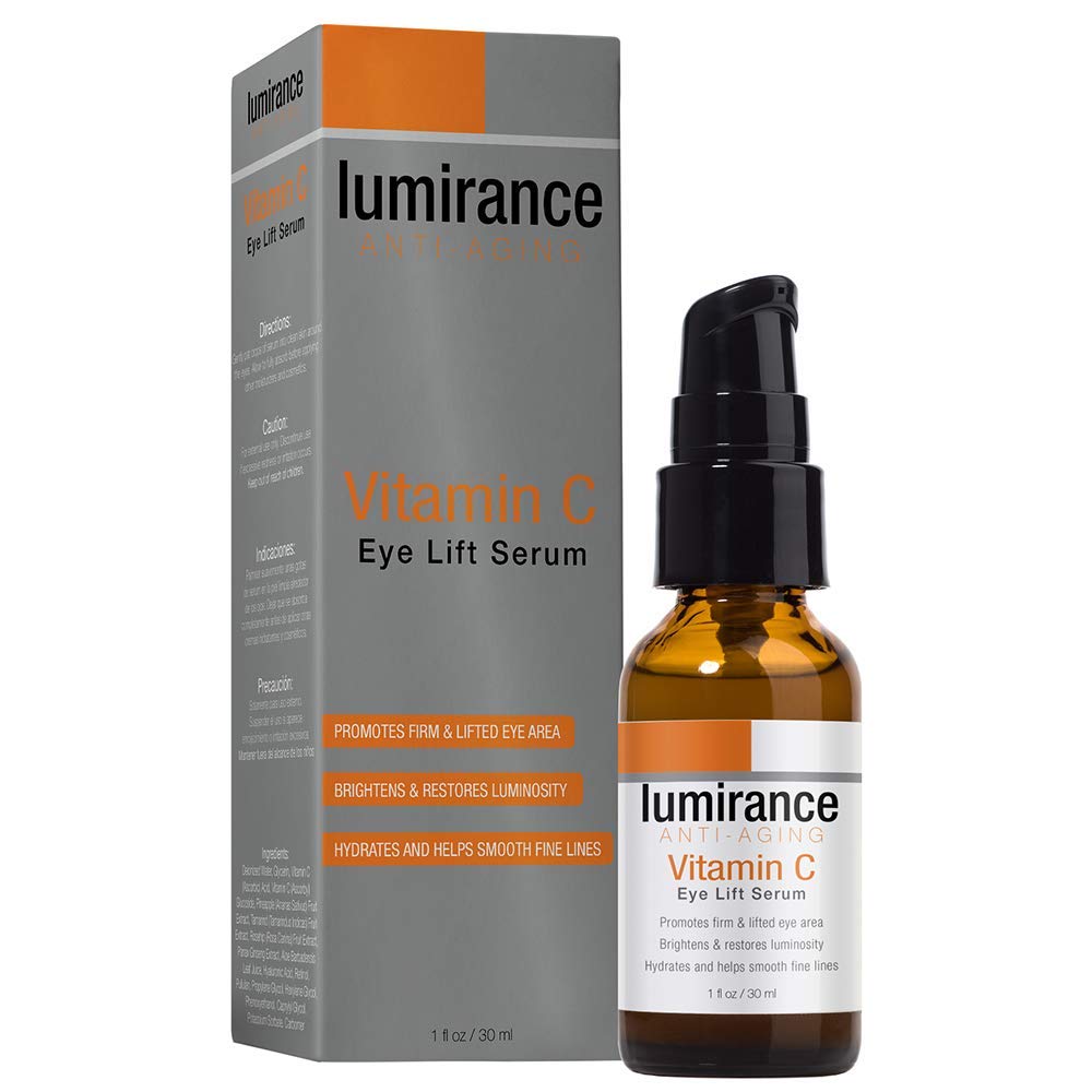 Lumirance Vitamin C Eye Lift Serum bottle closeup highlighting brightening and firming benefits.