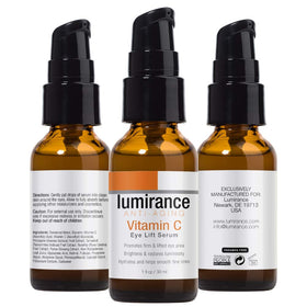 Lumirance Vitamin C Eye Lift Serum on fingertip illustrating instant hydration and smooth feel around the eyes.