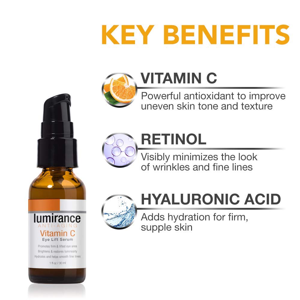 Lumirance Vitamin C Eye Lift Serum packaging closeup emphasizing premium USA-made formulation.