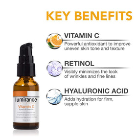 Lumirance Vitamin C Eye Lift Serum packaging closeup emphasizing premium USA-made formulation.