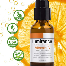 Lumirance Vitamin C Eye Lift Serum pump closeup for easy daily eye treatment.