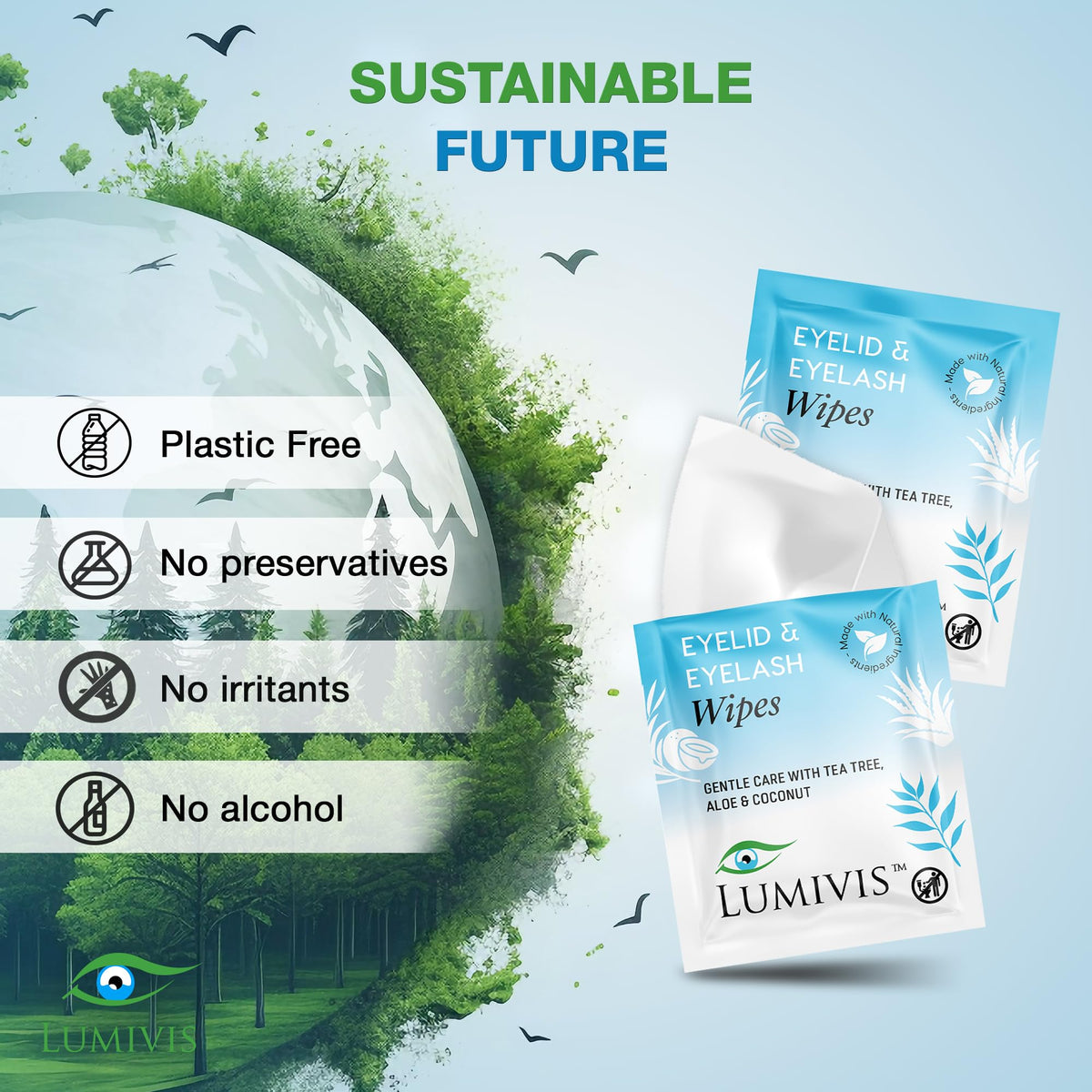 Lumivis Tea Tree Eyelid Wipes cleansing the eyelid area after makeup.