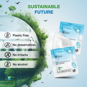 Lumivis Tea Tree Eyelid Wipes cleansing the eyelid area after makeup.
