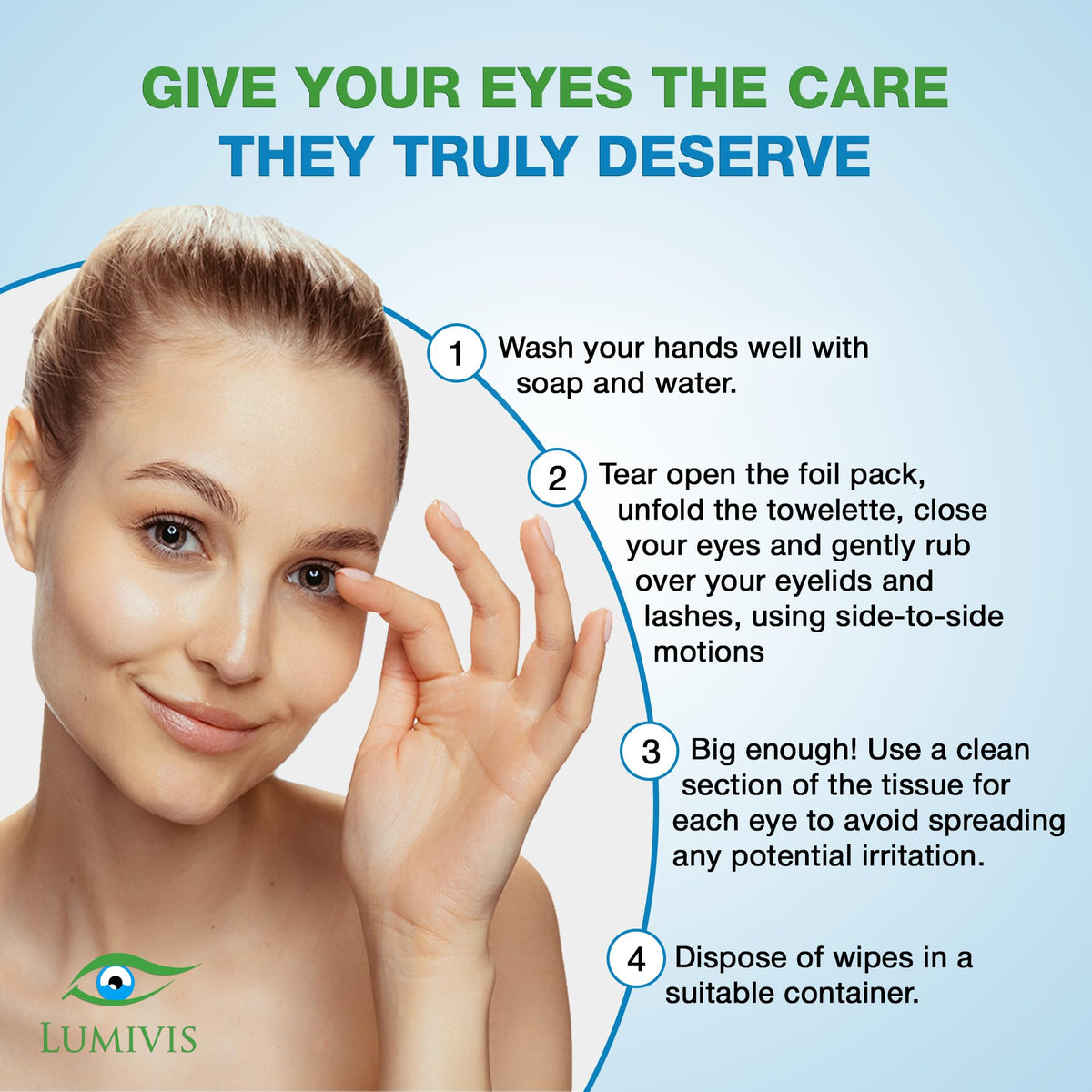 Lumivis Tea Tree Eyelid Wipes remove eye makeup without rubbing.