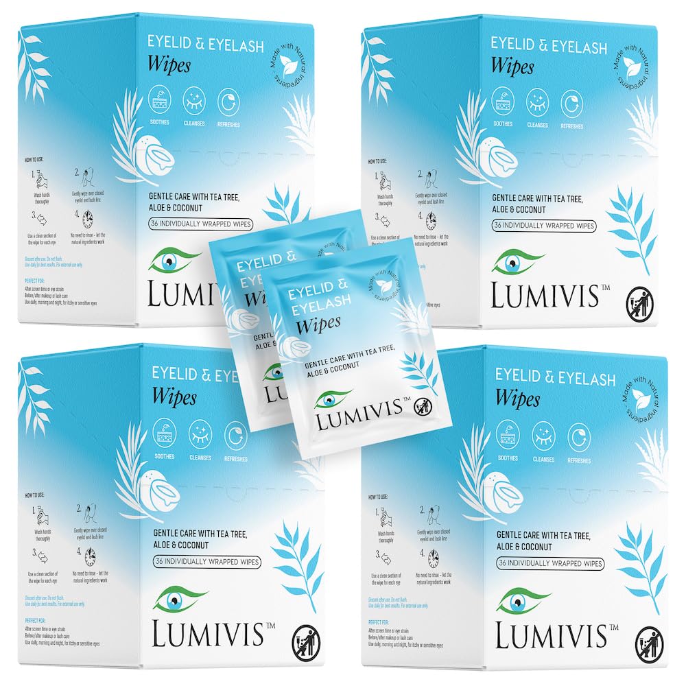 Lumivis Tea Tree Eyelid Wipes packaging showing travel-friendly, individually wrapped pads.