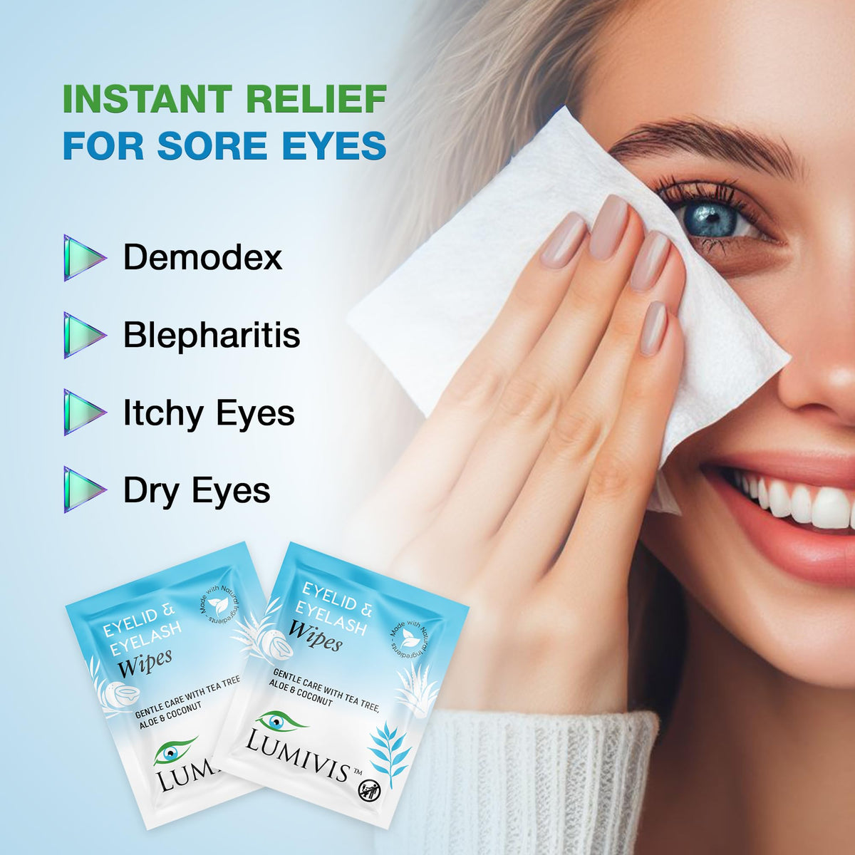 Lumivis Tea Tree Eyelid Wipes tea tree oil formula for soothing refreshment.