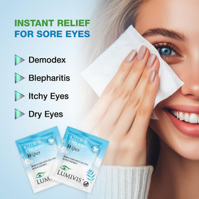 Lumivis Tea Tree Eyelid Wipes tea tree oil formula for soothing refreshment.