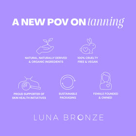 Luna Bronze Cosmic Bronzing Drops packaging highlights vegan, cruelty-free formula