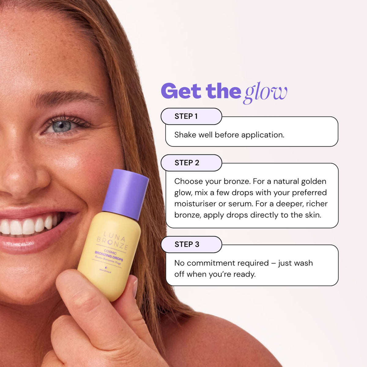 Luna Bronze Cosmic Bronzing Drops on skin delivering a dewy, hydrated finish