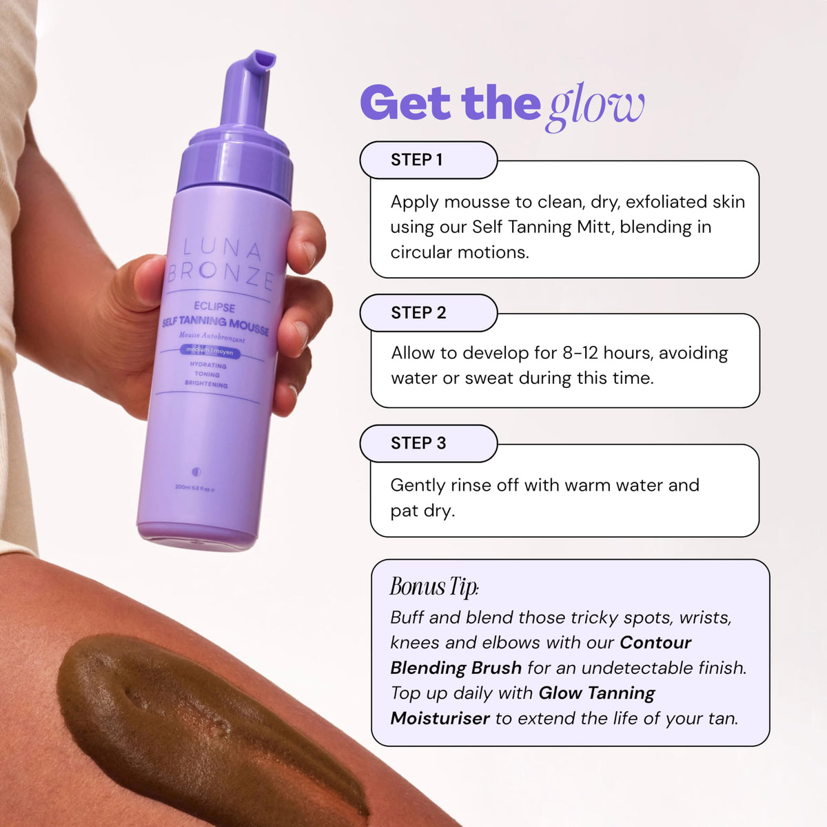 Luna Bronze Eclipse Self Tan Mousse texture swirl demonstrates natural essential oil blend