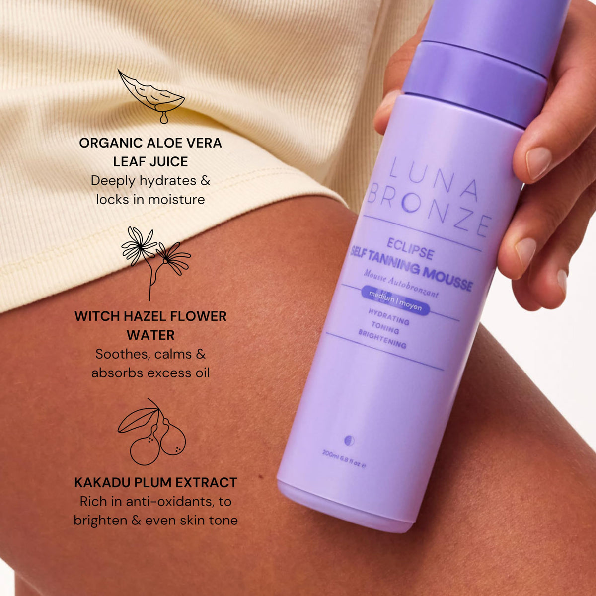 Luna Bronze Eclipse Self Tan Mousse olive-based formula shown on arm for even color