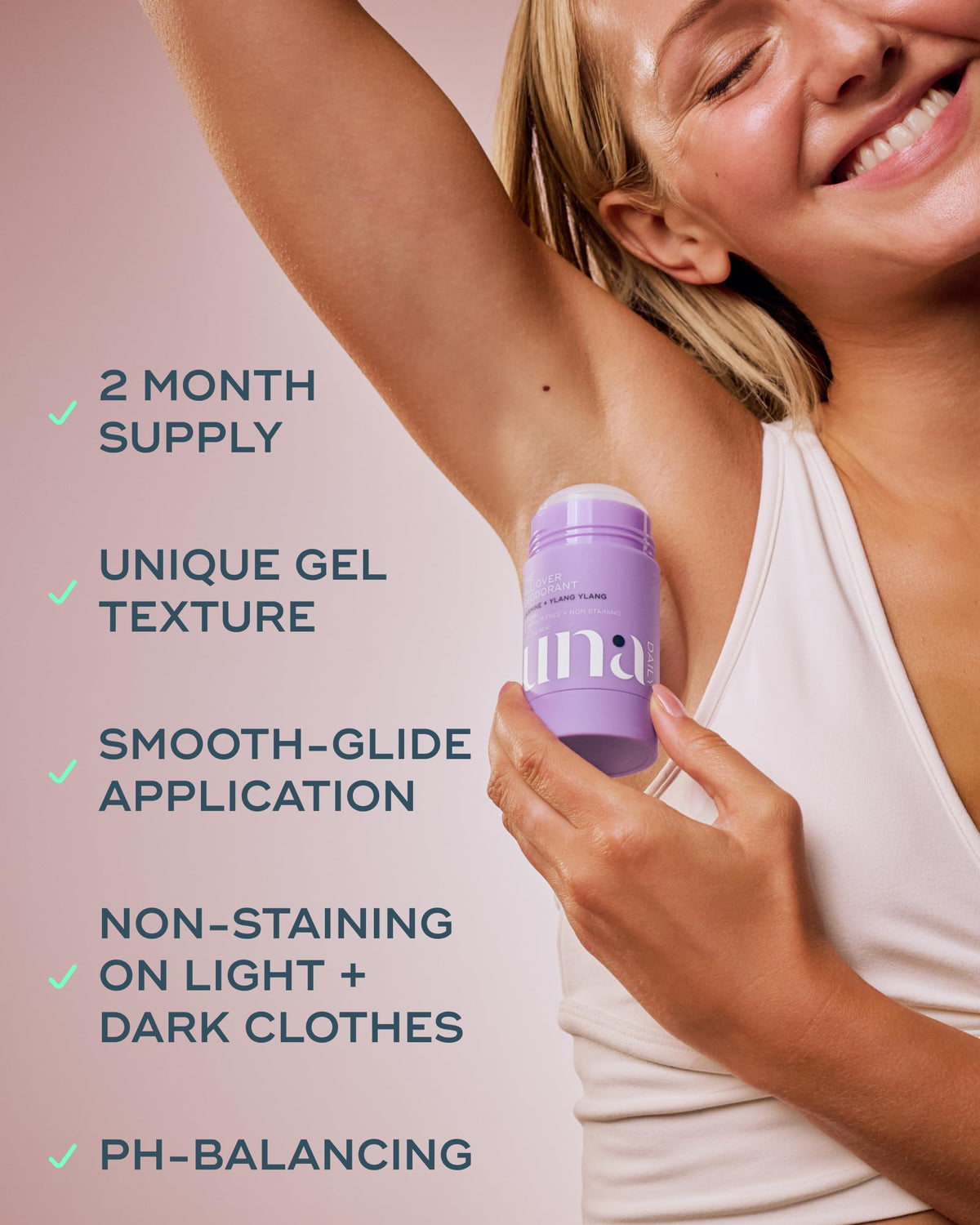 Luna Daily All Over Deodorant Stick applying on skin highlights quick-dry, clear finish