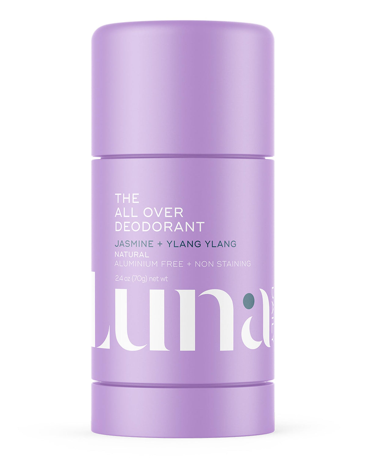 Luna Daily All Over Deodorant Stick bottle demonstrates all-day odor control for the body