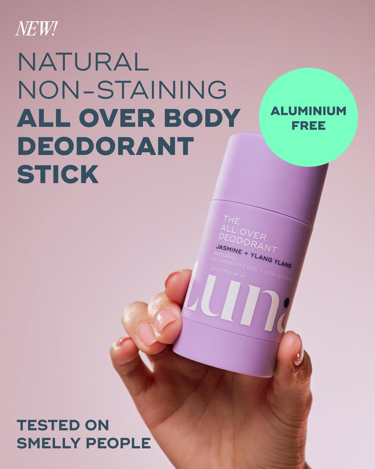 Luna Daily All Over Deodorant Stick cap close-up shows easy, smooth application