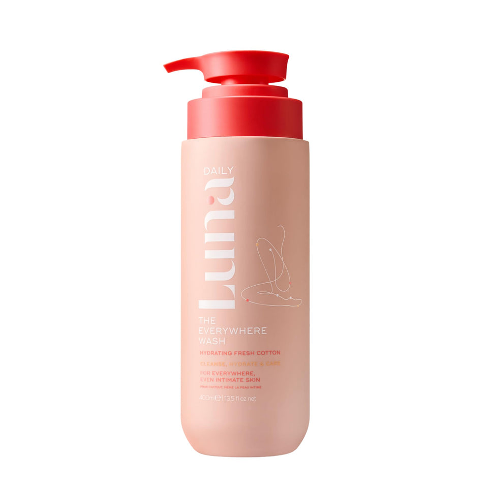 Luna Daily Hydrating Everywhere Wash bottle pour with fresh cotton scent for sensitive skin