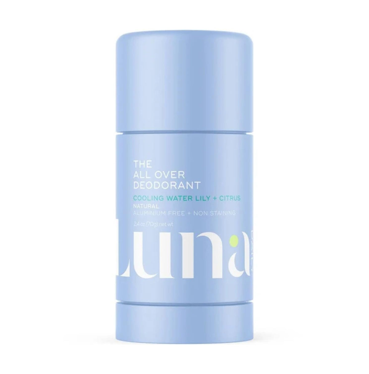 Luna Daily All Over Deodorant Stick packaging highlights aluminum-free formula for all-day freshness.