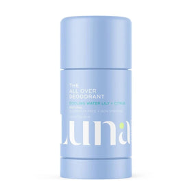Luna Daily All Over Deodorant Stick packaging highlights aluminum-free formula for all-day freshness.