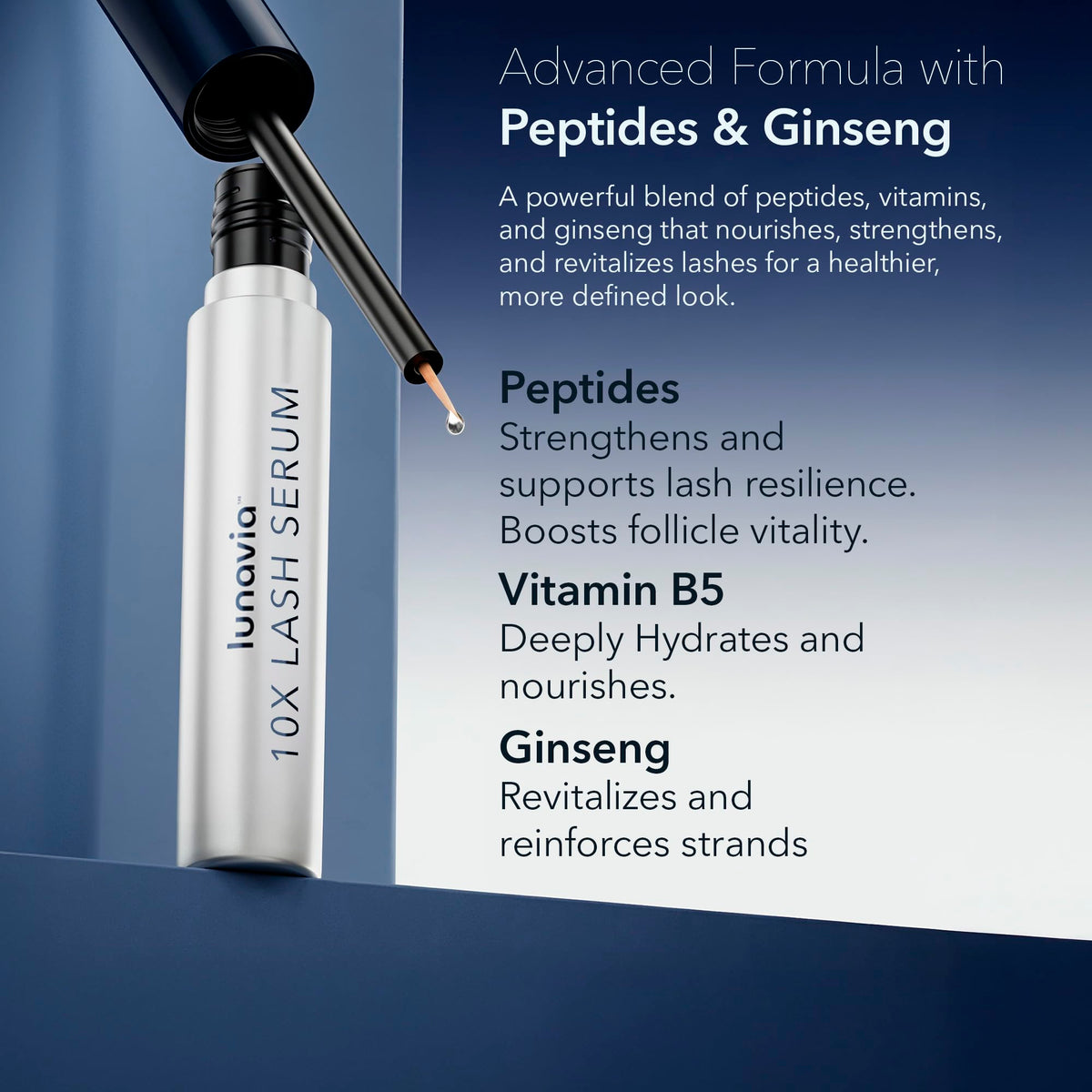 Lunavia ginseng extract illustration hints at nourishing lash care.